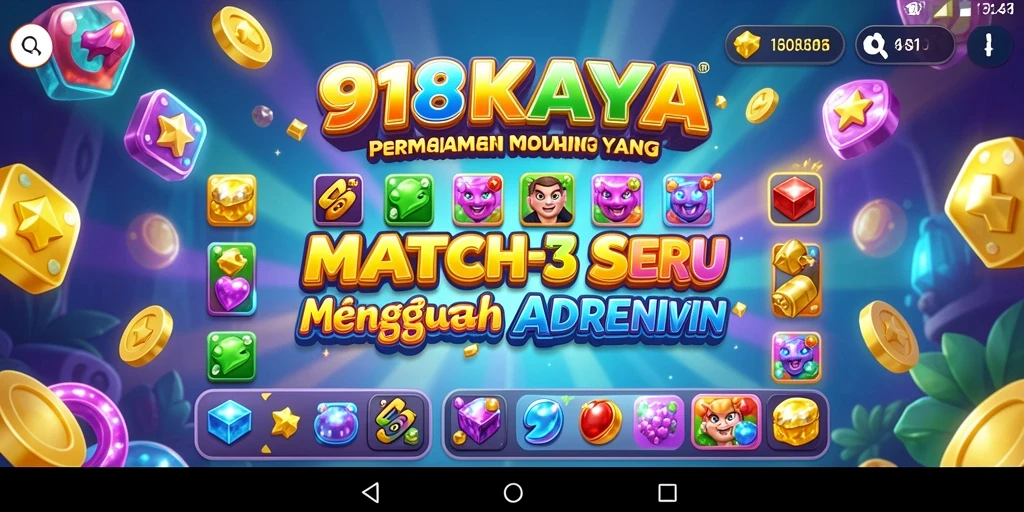 Screenshot menunjukkan gameplay Match-3 yang seru dan penuh warna.