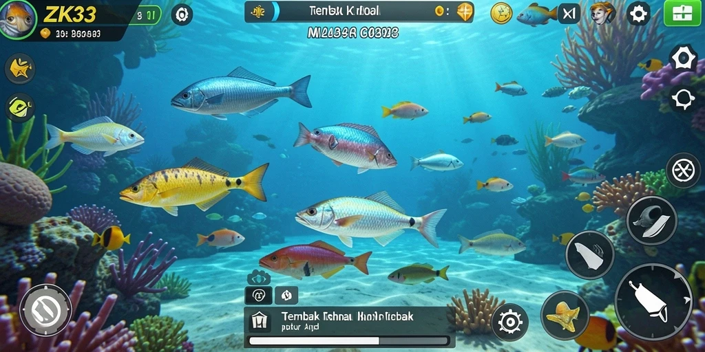Tangkapan layar gameplay ZK3 menampilkan aksi menembak ikan yang seru.